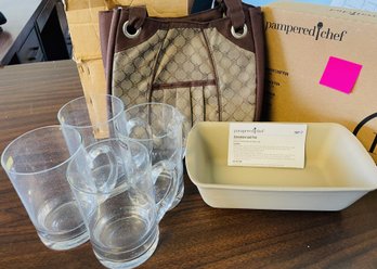 NEW Pampered Chef Bread Pan, 4 NEW Glass Beer Mugs And An Insulated Tote Bag