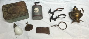 Lot Of Assorted Metal And Tin Items Including A Wall Light, Tin Box, Tin Can, Paperweight, Etc.