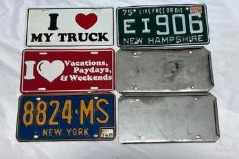 6 Various License Plates, New York, New Hampshire, And Decorative Plates With Holders