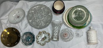 Box Of Assorted Dishware Including Plates, Platters, Vases, And Bowls