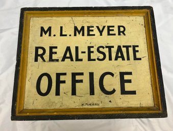 Antique M.L. Meyer Real-Estate Office Wooden And Tin Metal Sign, 25.5' X 20.5' X 3' -- Double Sided