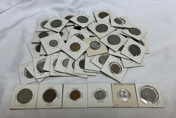 Pile Of Vintage Foreign Coins In Holders, Polish, English, Etc.