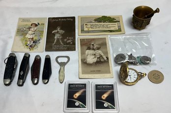 Lot Of Assorted Vintage Birthday Cards, Pocket Knifes, Bottle Opener, Watch Ports, Pocket Watch, Poker Chips