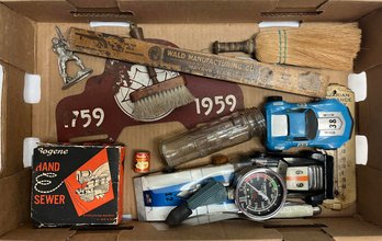 Lot Of Assorted Vintage Items, Ruler, Thermometer, Toy Cars, Rogene Hand Sewer, Pocket Knife, Etc.