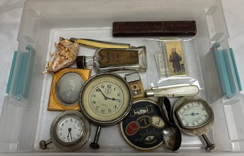 Lot Of Assorted Vintage Items Including, Vaseline Hair Tonic Bottle, Car Clocks!!!, Pocket Knife, Razor, Etc.