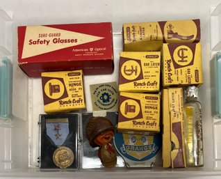 Lot Of Assorted Vintage Items, Stanley Ranch Craft Hinge, Bar Latch, Cabinet Latch, Sure-guard Safety Glasses