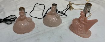 Three Vintage Glass Table Lamp Pink Colonial Lady And Woman With Harp, Working Leviton Lamps  -- See Lot 116