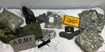 Vintage Army Duffel Bag Filled With Assorted Army Gear With Three Pairs Of Camo Pants, Jacket, Pillows, Etc.