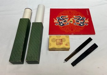 Collection Of Souvenirs From China Including Fabric Fans, Prints, Stamp Kit, And Book