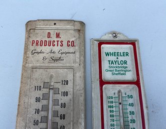 Vintage Advertisement Thermometers, D.m. Products Co. And Wheeler & Taylor