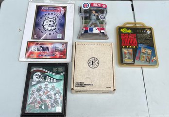 Lot Of Assorted Sports Memorabilia, UConn, Cubs Figure, Baseball Trivia Game, 1990 Basketball Star Pics, Jets