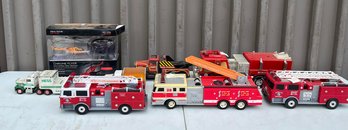 Lot Of Assorted Toy Trucks, Hess And Firetrucks, Chrome Flyer Micro Wireless Indoor Helicopter In Packaging