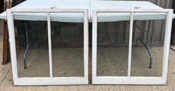 Antique Pair Of White Wooden And Glass Windows, Two Panes