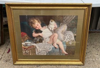 Framed With Glass Antique 1903 'playmates' Painting, Child With Puppy And Kitten