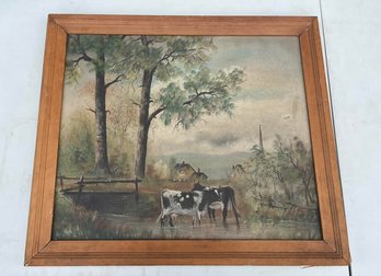 Vintage Wooden Framed Painting Oil On Linen - With Cows