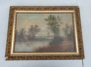 Framed Vintage Painting, River, Trees, And Wooden Cabin With A Pretty Frame Oil On Canvas