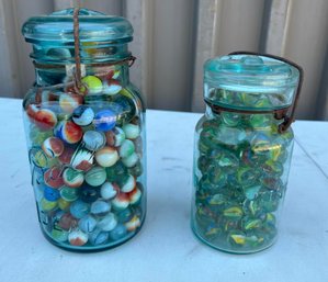 Two Mason Jars Full With Vintage Glass Marbles