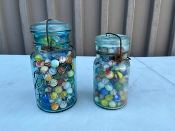 Two Mason Jars Full With Vintage Glass Marbles