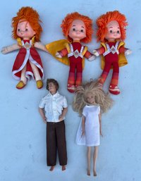 Three Vintage 1983 Hallmark Mattel Rainbow Brite Red Butler Stuffed Dolls And Barbie And Ken Dolls