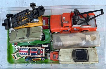 Box Of Assorted Model And Toy Cars With Accessories And Stickers