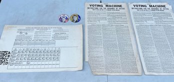 Antique 1957-58 Voting Machine Instruction Posters And Two 1964 Lyndon B Johnson Campaign Buttons