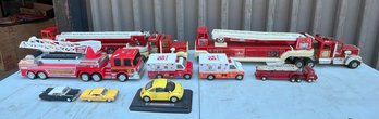 Lot Of Various Vintage Model Toy Emergency Vehicles, Firetrucks, Ambulances, 1998 Volkswagen New Beetle