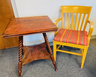 Cute Striped Yellow Vintage Chair With Vintage Turned Leg Side Table
