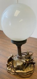 Very Cool Vintage Lamp With Military Theme On Base And Gorgeous Large Round Globe