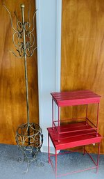 Pair Of Red Metal Nesting Tables And A Metal Coat Rack