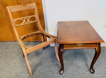 Wood Chair (no Seat) And Side Table