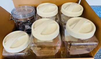 Large Plastic Containers, Several Spice Jars And A Bonus Plastic Jar With Lid