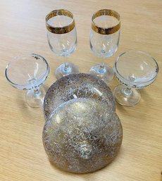 Golden Anniversary Champagne Glasses, Gold Rimmed Wine Glasses And A Beautiful Gold Glittery Dish With Lid