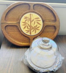 Wooden Separated Serving Tray With A New Glass Dome Cheese Plate
