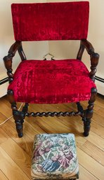 Red Velvet Chair With Curved Legs - Royal!  Comes With A Small Upholstered Foot Stool