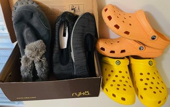 4 Pair Of New Comfy Shoes - 2 'crocks', 1 Slip On Shoes And 1 Fuzzy Boots - Around Size 7.5-8