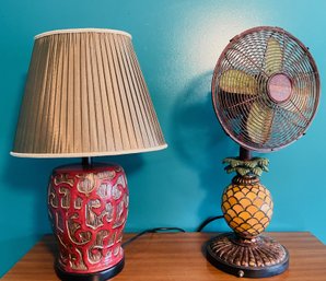 Ceramic Lamp And Fan With Pineapple Base