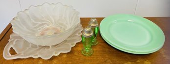 Green Glass Salt And Pepper Shakers With Frosted Glass Platter And Bowl And Cool Mint Plate