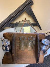 Glass Jars Silver Pitchers Glass With Metal Frame Enclosure Wooden Shelf Wooden Wall Mounted Hanger