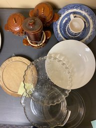 Pie Dishes Brown Glazed Ceramic Blue And White China Pieces Round Bread Board