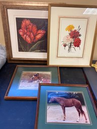 Framed Artwork: 2 Floral And 2 Equestrian