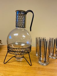 Delicate Glass Decanter With Burner Beneath & Black Metal Stand & Handle 3 Glasses With Vertical Stripes