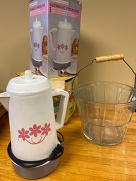 White Automatic Percolater With 3 Pink Flowers Glass Fruit Bucket With Wire Handle