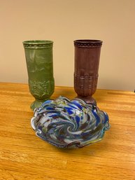 Ornate Tall Plastic Vases (2) And Multi-colored Swirl Glass Bowl