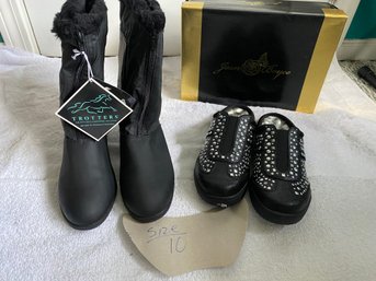 Winter Boots Women's Black-size 10 (Trotters-Weatherproof) And Women's Slide-ons Black-size 10 (Joan Boyce)