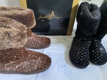 2 Pair Women's Boots--Size Large 9/10 One Pair Brown With Fur Top, One Pair Black With Fur Top