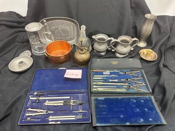 Group Lot Of Odds And Ends, Calipers, Metalware, Glass Stein, Etc