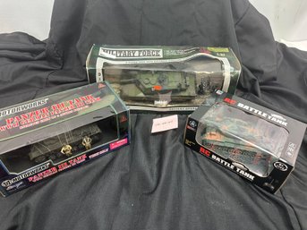 Trio Of New In Box Vintage Toys -- RC Battle Tank, Military Force Die Cast, Panzer III Tank