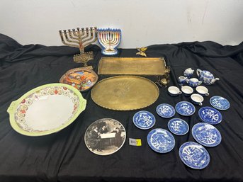 Table Lot Of Glassware And Other Items, Asian Tea Set, Brass Trays, Etc