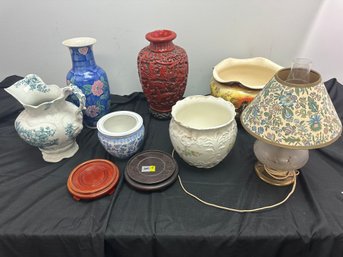 Table Lot Of Porcelain Planters, Other Lamps, Etc, Some Nice Pieces Here