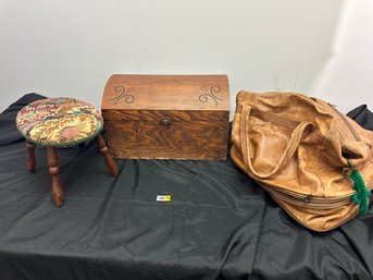 Three Piece Lot -- Embroidered Foot Stool, Leather Rolling Travel Bag (as-is) And Wood Chest